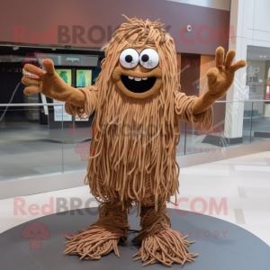 Brown Spaghetti mascot costume character dressed with a Graphic Tee and Gloves