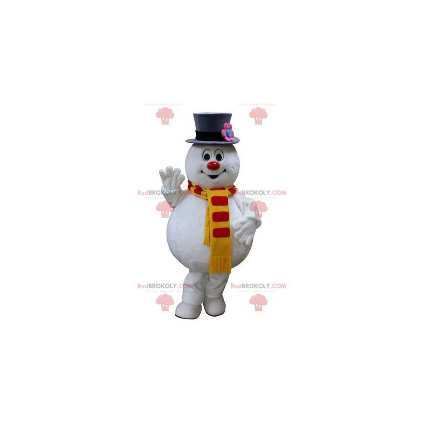 Mascote gordo e engraçado do boneco de neve branco -