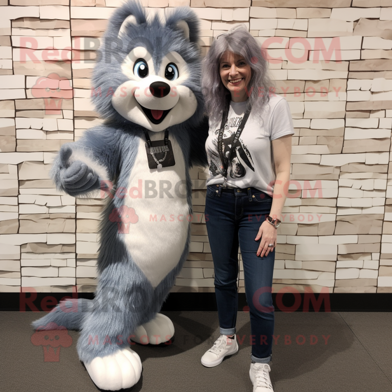 Silver Skunk mascot costume character dressed with a Mom Jeans and Anklets Silver Skunk mascot costume character dressed with a Mom Jeans and Anklets