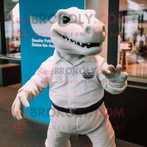 White Komodo Dragon mascot costume character dressed with a Jeans and Cufflinks