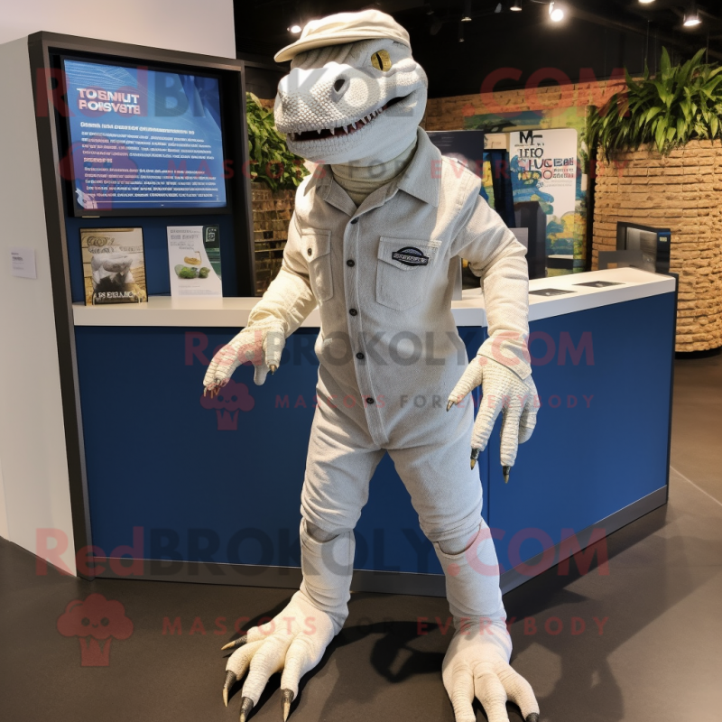 White Komodo Dragon mascot costume character dressed with a Jeans and Cufflinks