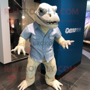 White Komodo Dragon mascot costume character dressed with a Jeans and Cufflinks