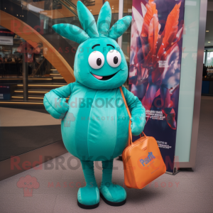 Teal Shrimp Scampi mascot costume character dressed with a Leggings and Handbags