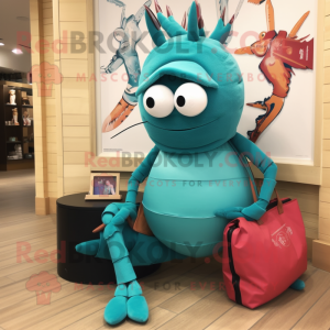 Teal Shrimp Scampi mascot costume character dressed with a Leggings and Handbags