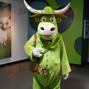 Lime Green Zebu mascot costume character dressed with a Henley Shirt and Hat pins