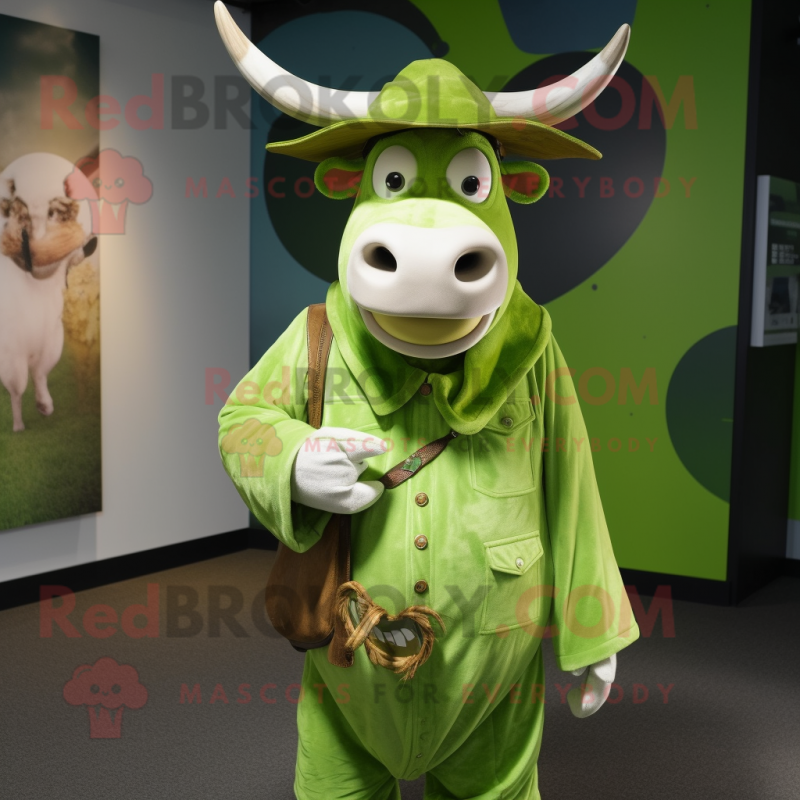 Lime Green Zebu mascot costume character dressed with a Henley Shirt and Hat pins Lime Green Zebu mascot costume character dressed with a Henley Shirt and Hat pins