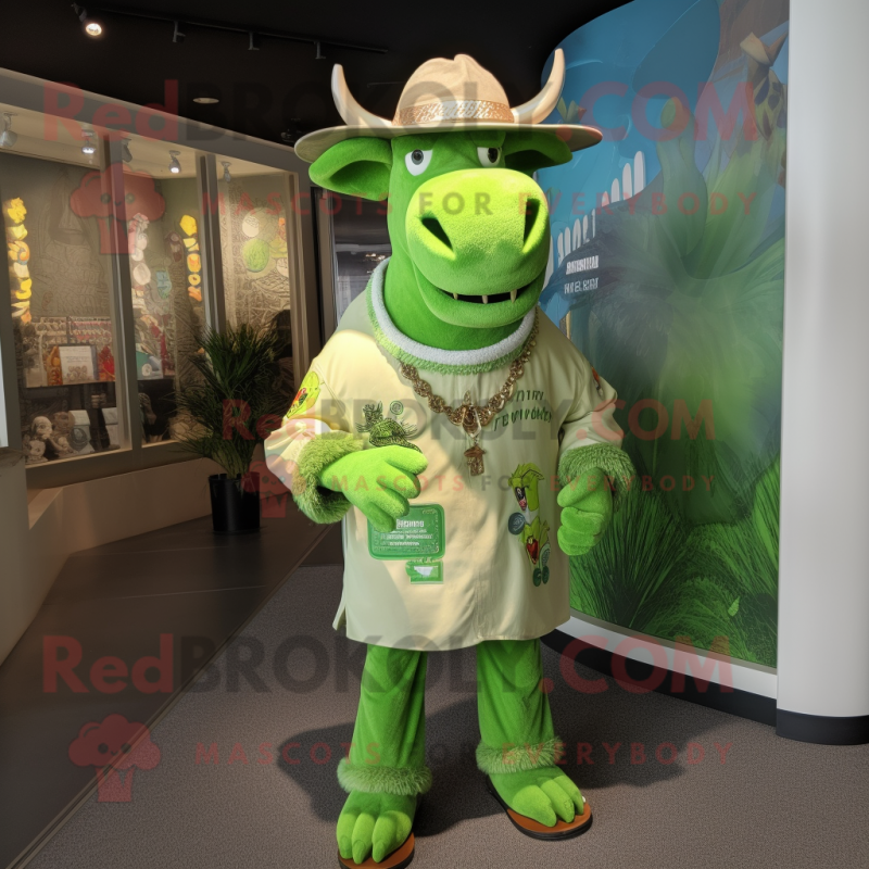 Lime Green Zebu mascot costume character dressed with a Henley Shirt and Hat pins