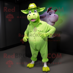 Lime Green Zebu mascot costume character dressed with a Henley Shirt and Hat pins