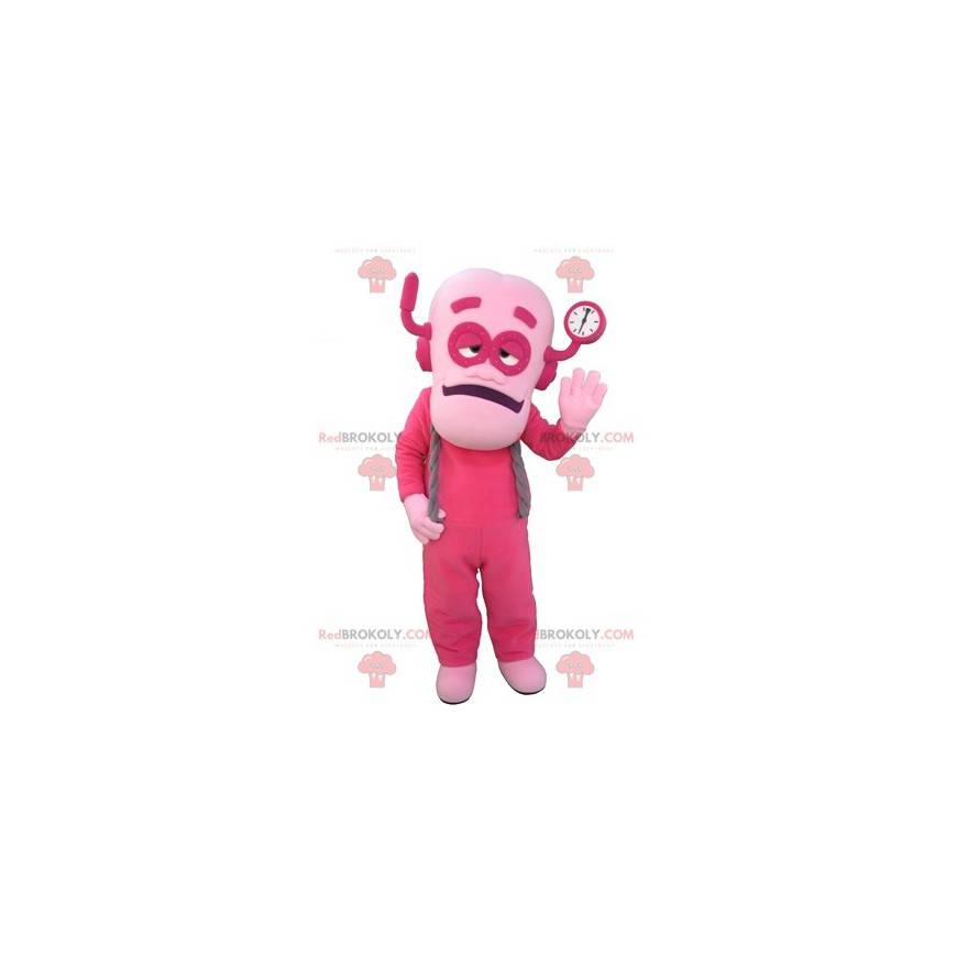 Mascote do homem robô rosa vestido de rosa - Redbrokoly.com