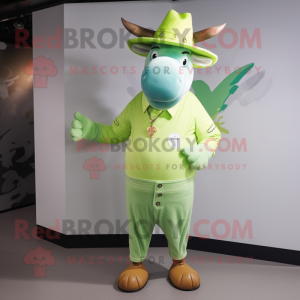 Lime Green Zebu mascot costume character dressed with a Henley Shirt and Hat pins