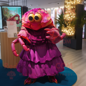 Magenta Hermit Crab mascot costume character dressed with a Pleated Skirt and Coin purses