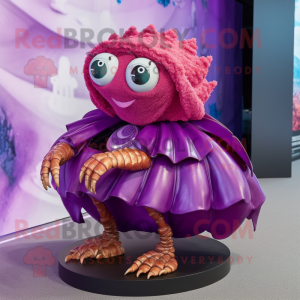 Magenta Hermit Crab mascot costume character dressed with a Pleated Skirt and Coin purses