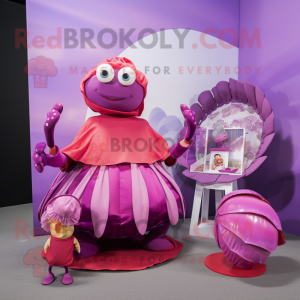 Magenta Hermit Crab mascot costume character dressed with a Pleated Skirt and Coin purses