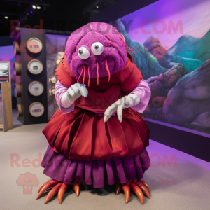 Magenta Hermit Crab mascot costume character dressed with a Pleated Skirt and Coin purses