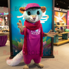 Magenta Weasel mascot costume character dressed with a Bermuda Shorts and Shawls