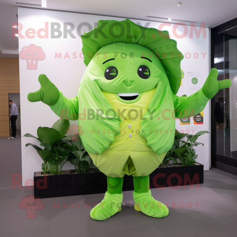 Lime Green Cabbage Leaf mascot costume character dressed with a Suit and Wraps Lime Green Cabbage Leaf mascot costume character dressed with a Suit and Wraps