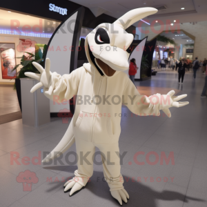 Cream Pterodactyl mascot costume character dressed with a Hoodie and Caps