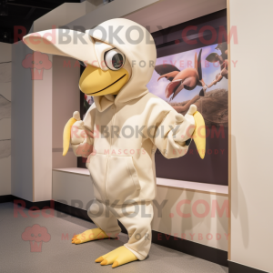 Cream Pterodactyl mascot costume character dressed with a Hoodie and Caps