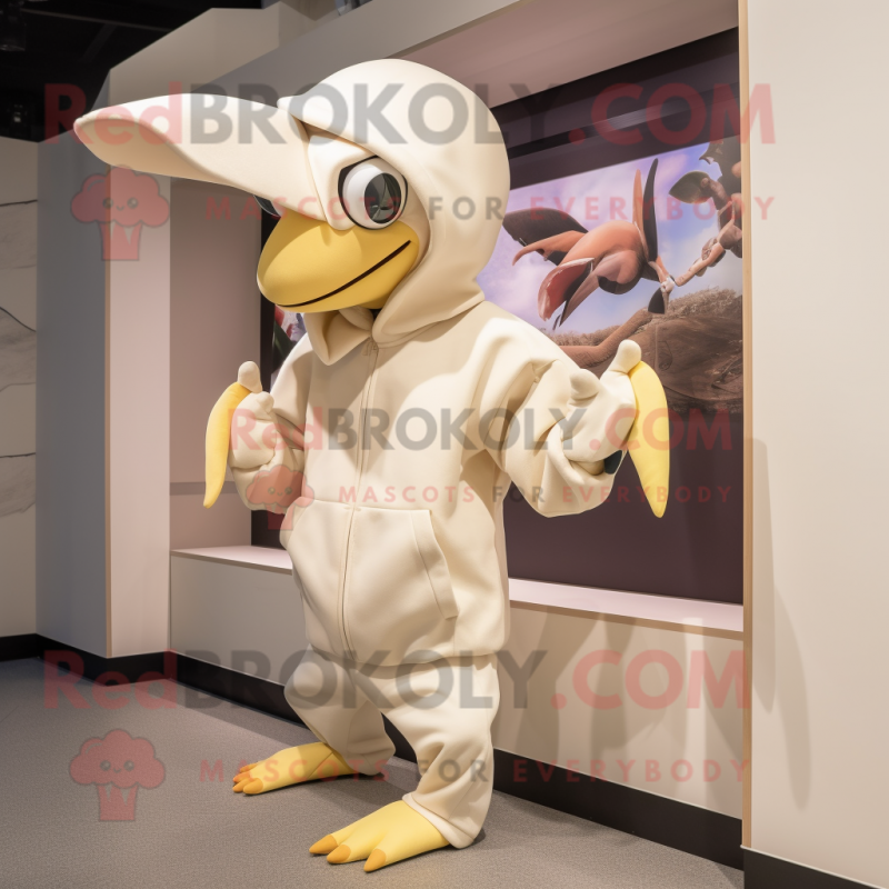 Cream Pterodactyl mascot costume character dressed with a Hoodie and Caps Cream Pterodactyl mascot costume character dressed with a Hoodie and Caps