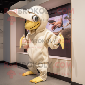 Cream Pterodactyl mascot costume character dressed with a Hoodie and Caps