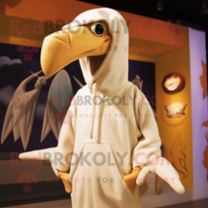 Cream Pterodactyl mascot costume character dressed with a Hoodie and Caps