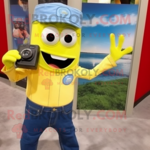 Lemon Yellow Camera mascot costume character dressed with a Chambray Shirt and Wallets