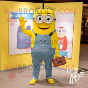 Lemon Yellow Camera mascot costume character dressed with a Chambray Shirt and Wallets