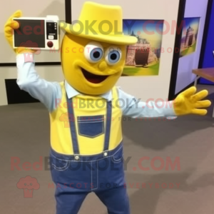 Lemon Yellow Camera mascot costume character dressed with a Chambray Shirt and Wallets