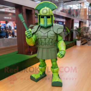 Lime Green Spartan Soldier mascot costume character dressed with a Poplin Shirt and Shoe clips