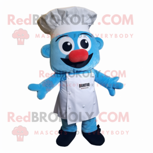 Sky Blue Lasagna mascot costume character dressed with a Overalls and Bow ties