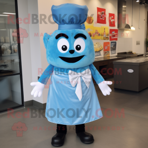 Sky Blue Lasagna mascot costume character dressed with a Overalls and Bow ties