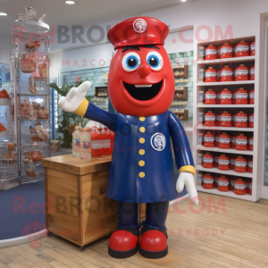 Navy Bottle Of Ketchup mascot costume character dressed with a Dungarees and Bracelet watches