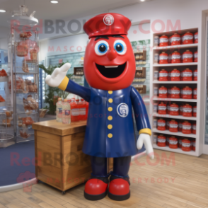 Navy Bottle Of Ketchup mascot costume character dressed with a Dungarees and Bracelet watches