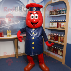 Navy Bottle Of Ketchup mascot costume character dressed with a Dungarees and Bracelet watches