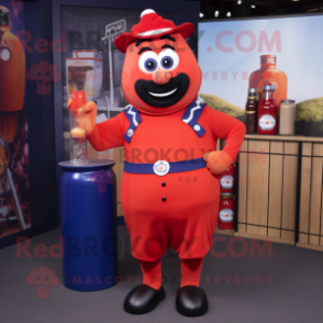 Navy Bottle Of Ketchup mascot costume character dressed with a Dungarees and Bracelet watches