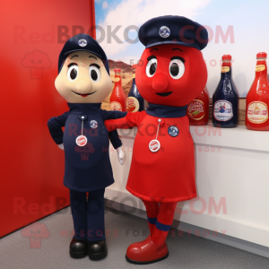 Navy Bottle Of Ketchup mascot costume character dressed with a Dungarees and Bracelet watches