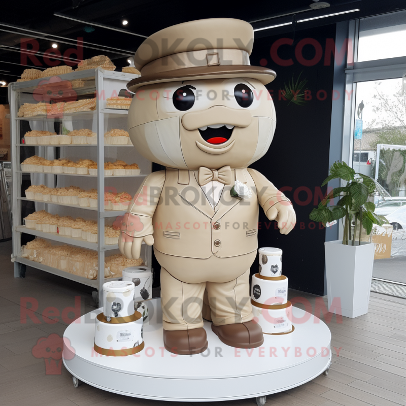 Tan Wedding Cake mascot costume character dressed with a Playsuit and Hats Tan Wedding Cake mascot costume character dressed with a Playsuit and Hats