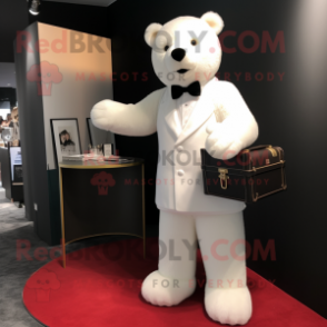White Teddy Bear mascot costume character dressed with a Cocktail Dress and Briefcases