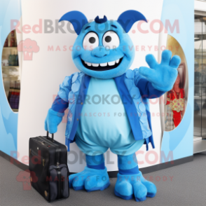 Sky Blue Devil mascot costume character dressed with a Coat and Wallets