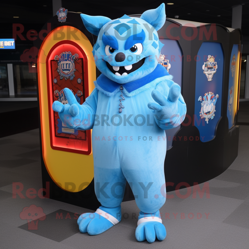 Sky Blue Devil mascot costume character dressed with a Coat and Wallets Sky Blue Devil mascot costume character dressed with a Coat and Wallets