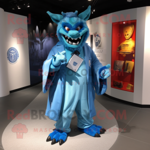 Sky Blue Devil mascot costume character dressed with a Coat and Wallets