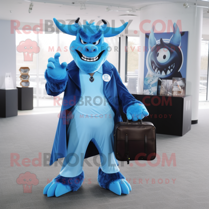 Sky Blue Devil mascot costume character dressed with a Coat and Wallets Sky Blue Devil mascot costume character dressed with a Coat and Wallets