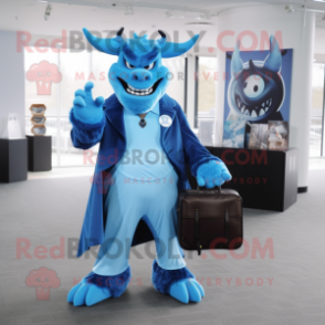 Sky Blue Devil mascot costume character dressed with a Coat and Wallets