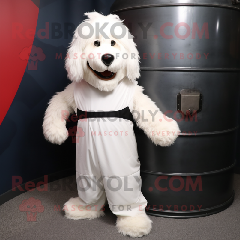 White Shepard'S Pie mascot costume character dressed with a Tank Top and Belts White Shepard'S Pie mascot costume character dressed with a Tank Top and Belts