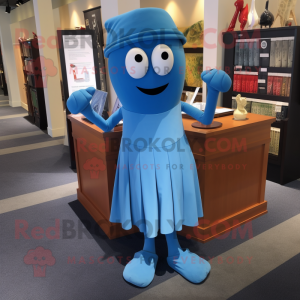 Blue Spaghetti mascot costume character dressed with a Pencil Skirt and Pocket squares