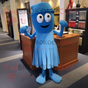 Blue Spaghetti mascot costume character dressed with a Pencil Skirt and Pocket squares