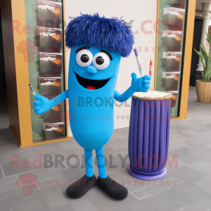 Blue Spaghetti mascot costume character dressed with a Pencil Skirt and Pocket squares