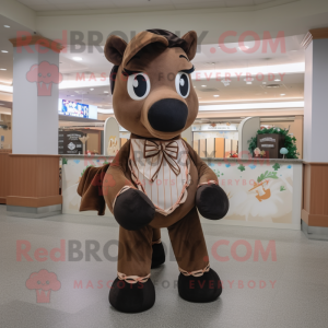 Brown Mare mascot costume character dressed with a Circle Skirt and Bow ties