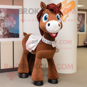 Brown Mare mascot costume character dressed with a Circle Skirt and Bow ties