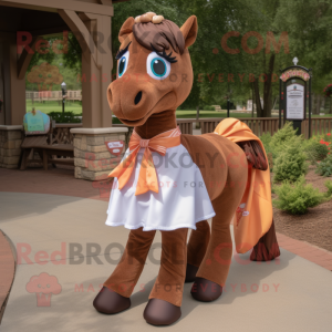 Brown Mare mascot costume character dressed with a Circle Skirt and Bow ties